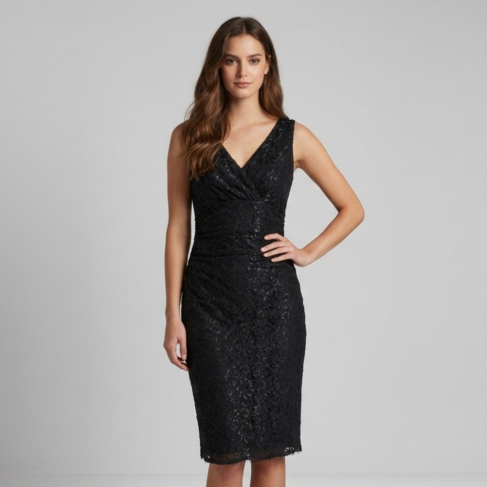 RALPH LAUREN Black Metallic Lace Sheath Dress V-Neck Cocktail Formal 4